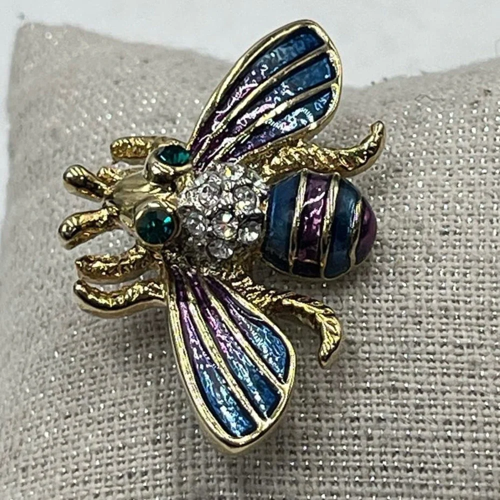 Bumble Bee Multicolor‎ Blue Purple Enamel Gold Tone Brooch